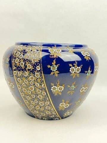 Limoges porcelain flowerpot with gold enamel decoration and blue relief flowers from Four