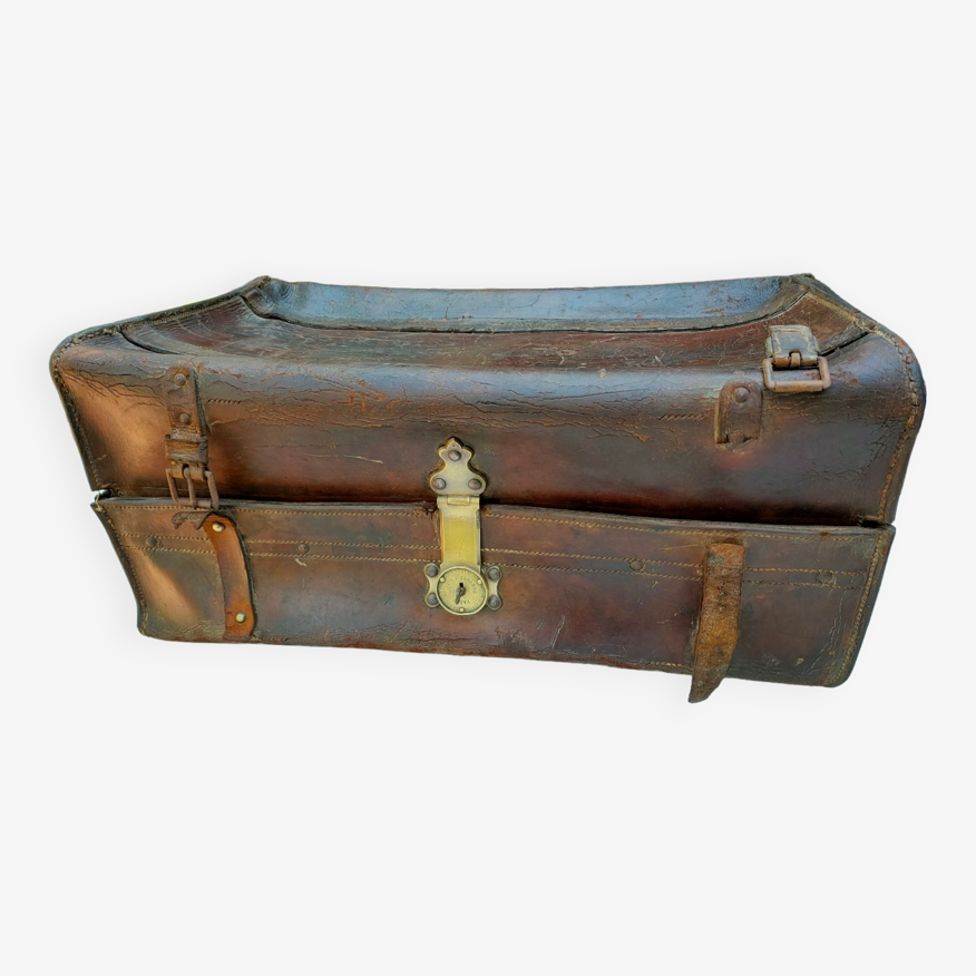 Antique 1800's leather travel trunk suitcase