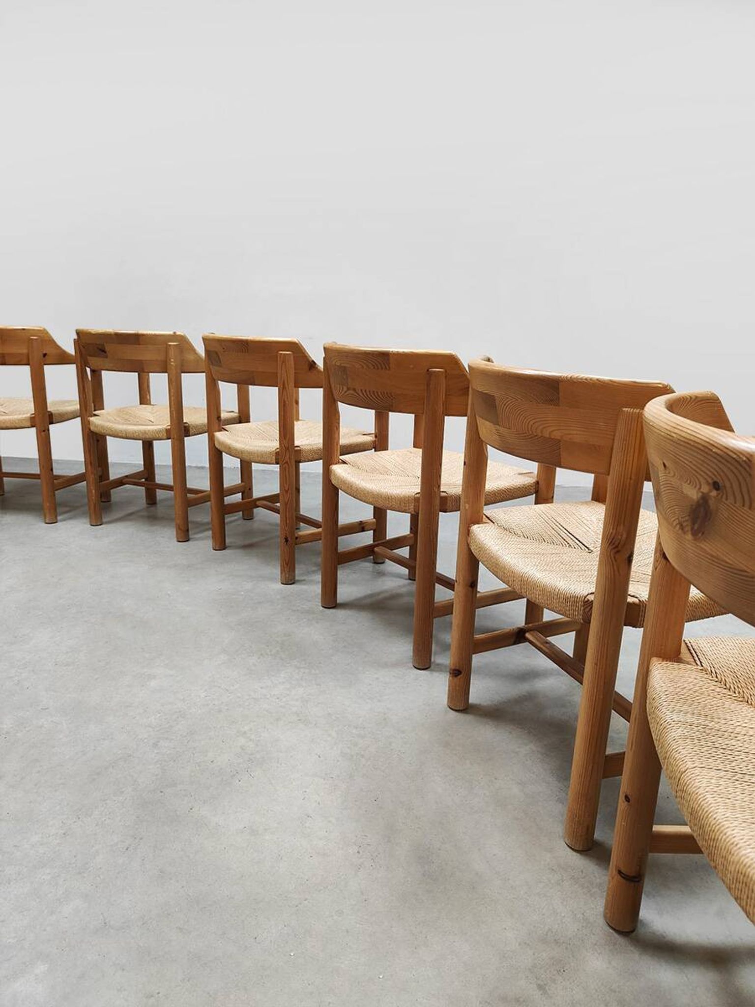 Vintage pine papercord dining chairs Rainer Daumiller