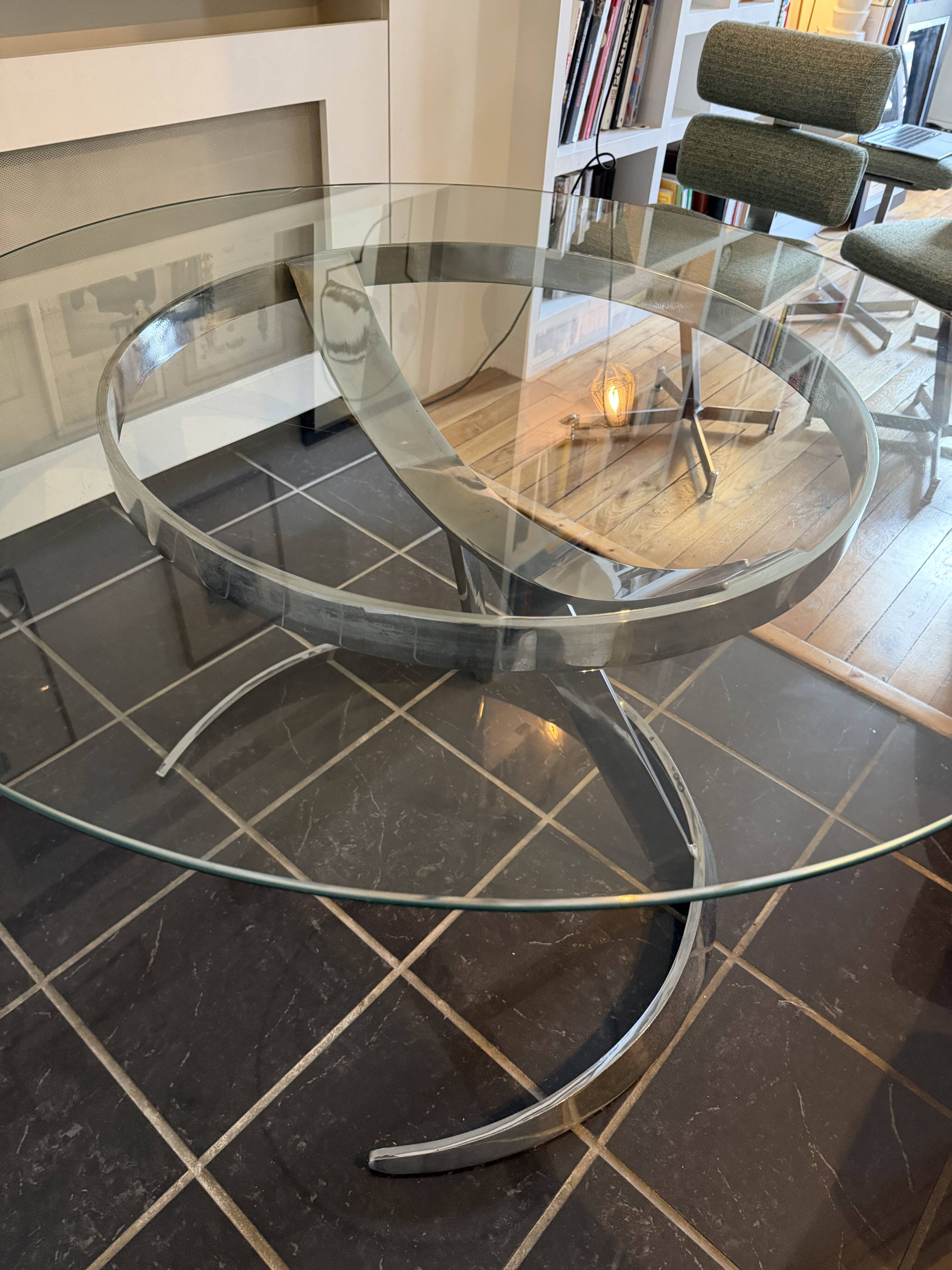 Large round table attributed to Boris Tabacoff, glass and chrome steel, year
