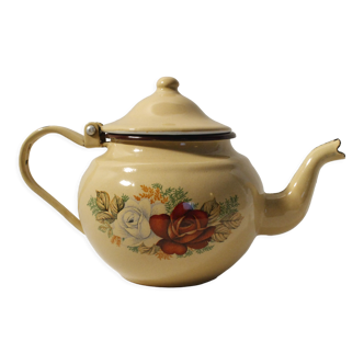 Vintage yellow/beige enamelled metal teapot - flower patterns