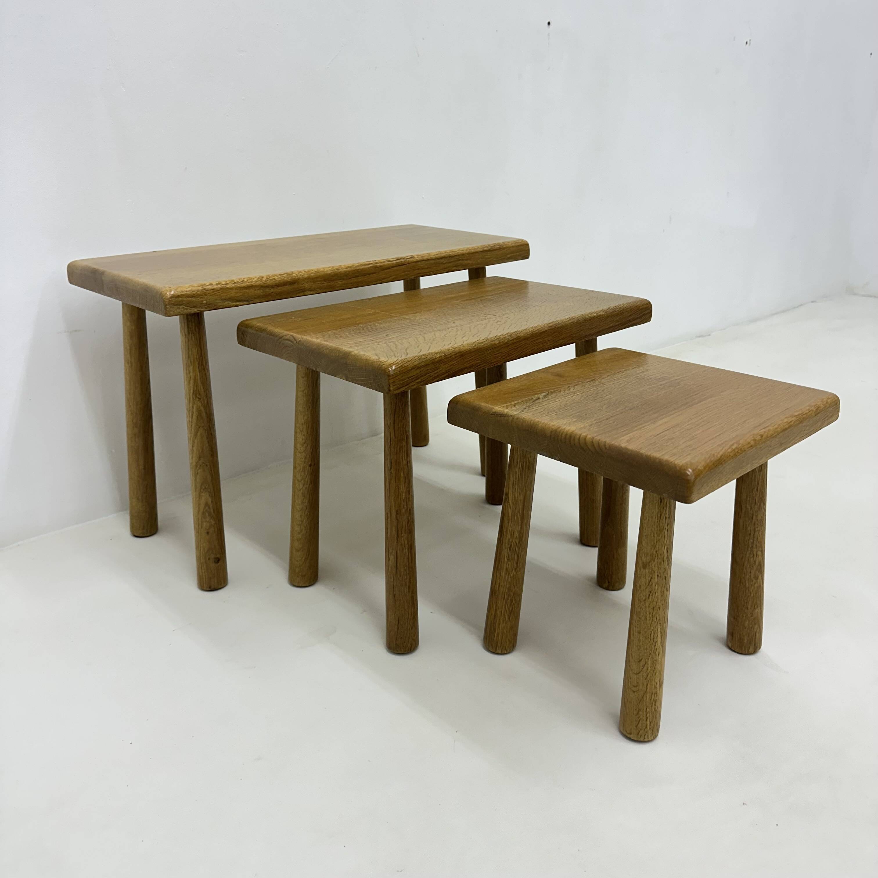 Set of nesting tables solid oak wood brutalist , 1970s