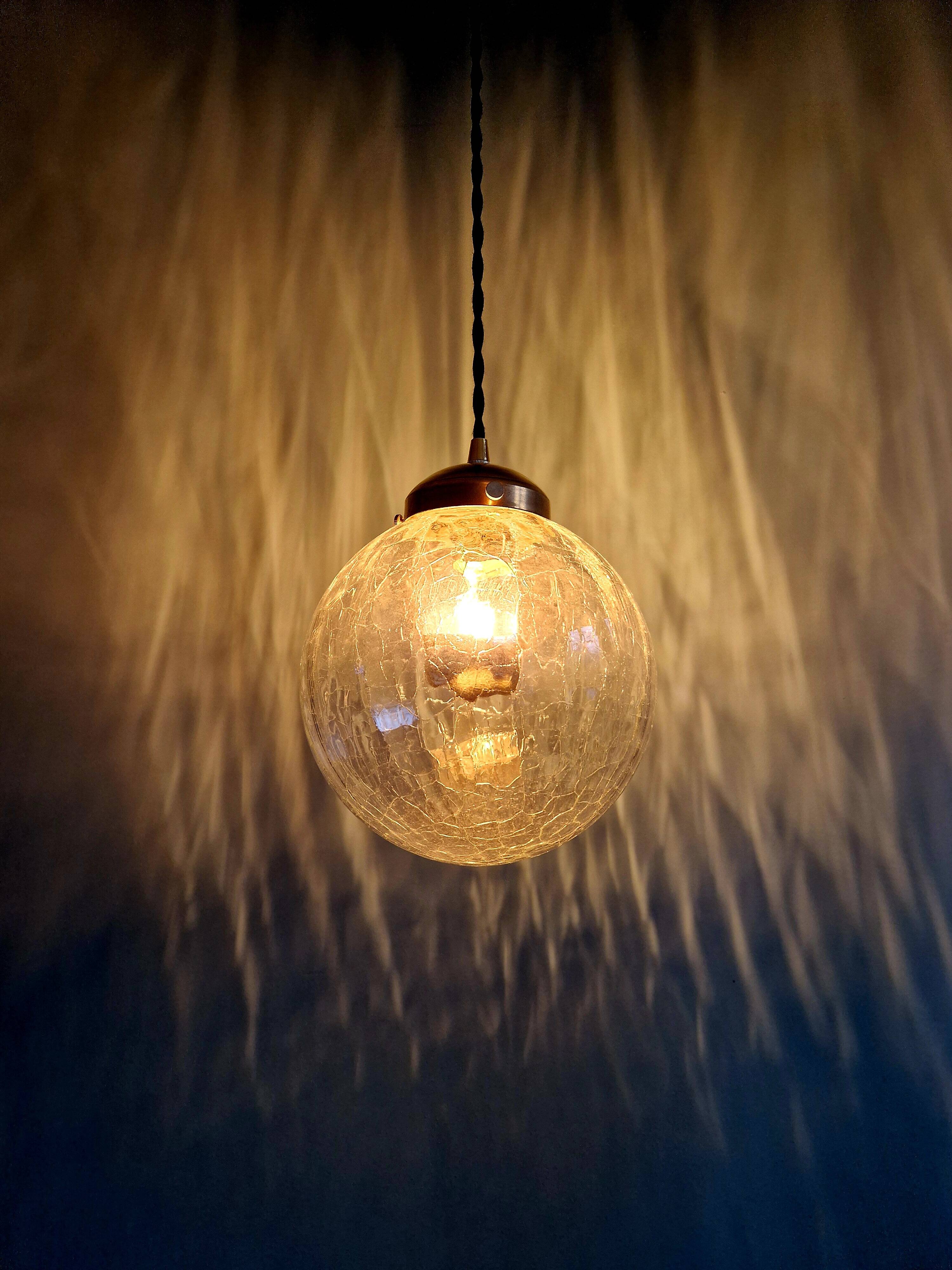 Vintage transparent cracked glass pendant, 1970s.