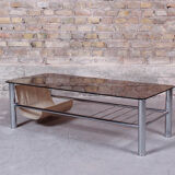 Glass rectangle coffee table with magazine rack, circa 1970