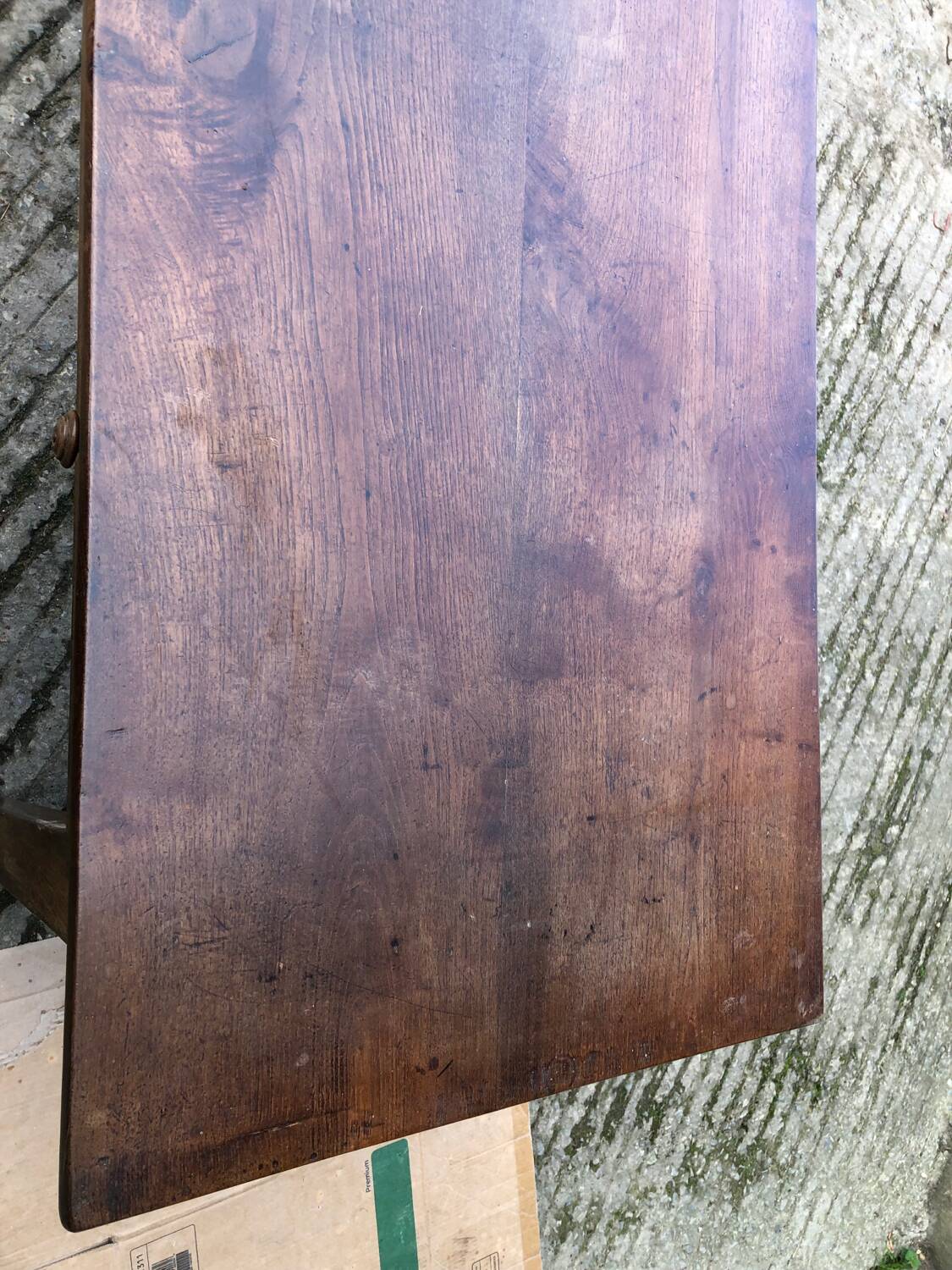 Antique chestnut farmhouse table with 3 drawers on the front.