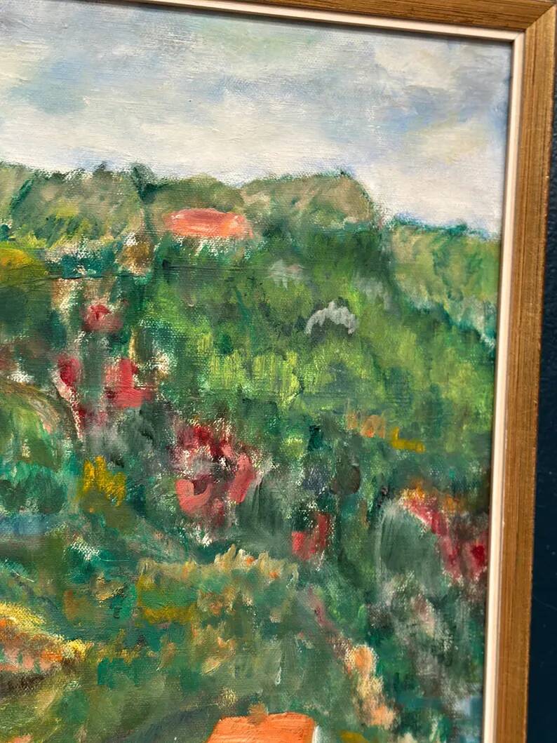 Original Swedish Oil on Canvas – “Hilly Landscape with Houses” by Lalla Blecher – Signed – Vintage & Framed