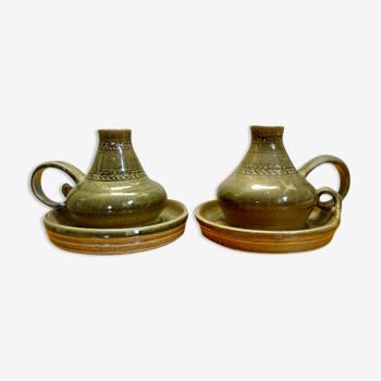 Pair of vintage glazed stoneware candle holders
