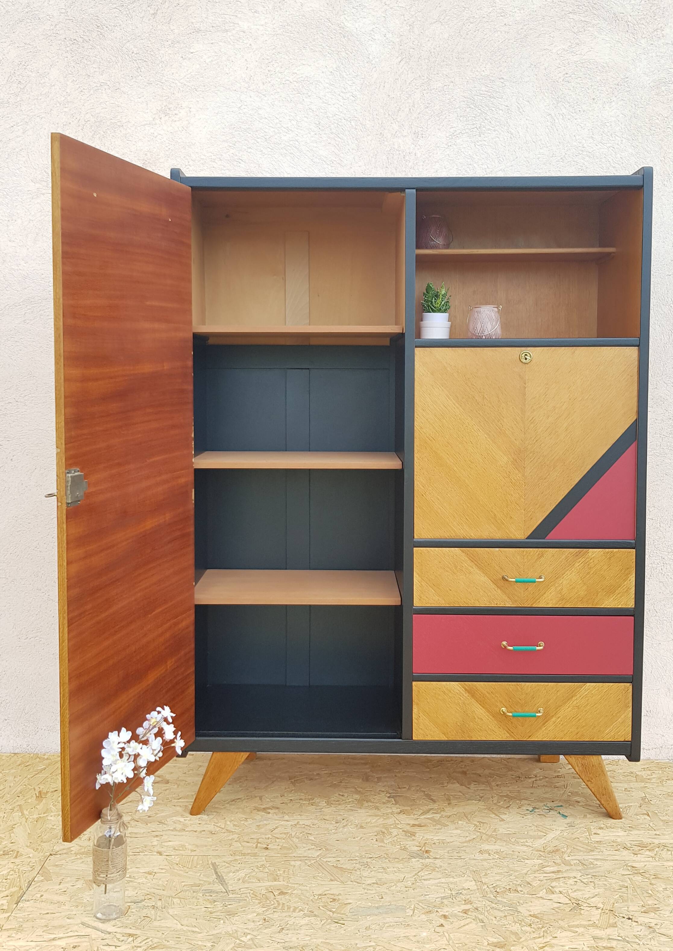 Secrétaire vintage pieds compas scandinave années 60 70 relooké