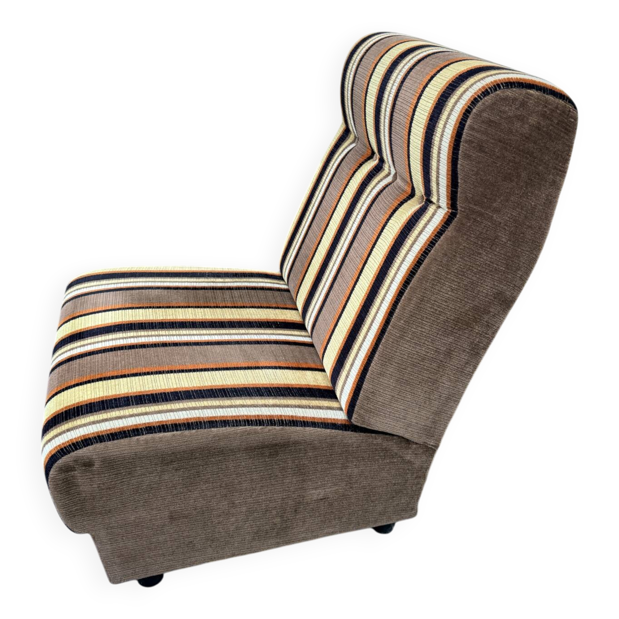 Vintage 1970s lounge chair – striped orange, brown, and cream velvet