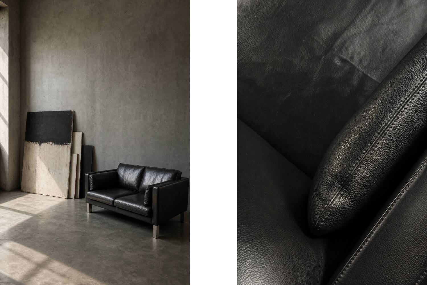 Vintage Mid-Century Danish Modern Two-Seater Black Leather Sofa, 1970s