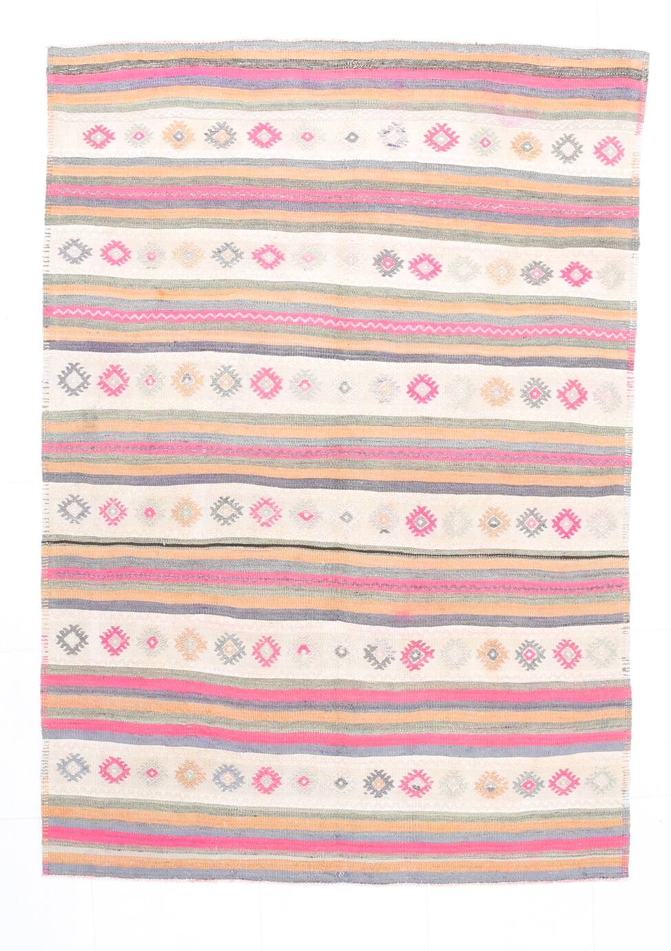 Beige & Pink Wool Kilim Rug, 142x203Cm Handknotted Carpet, 5x7 Rugs