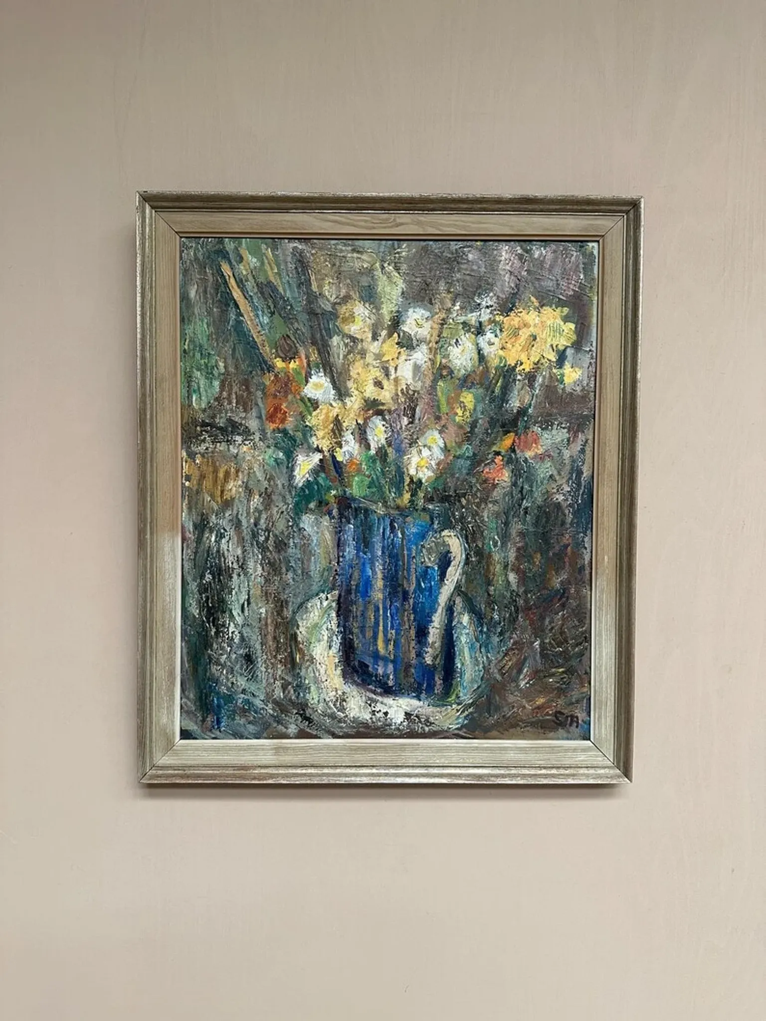 Original Swedish Oil on Panel – “Flowers in Blue Vase” by Sven Age – Signed – Vintage & Framed – 73 × 63 cm (28.7" × 24.8")