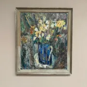Original Swedish Oil on Panel – “Flowers in Blue Vase” by Sven Age – Signed – Vintage & Framed – 73 × 63 cm (28.7" × 24.8")