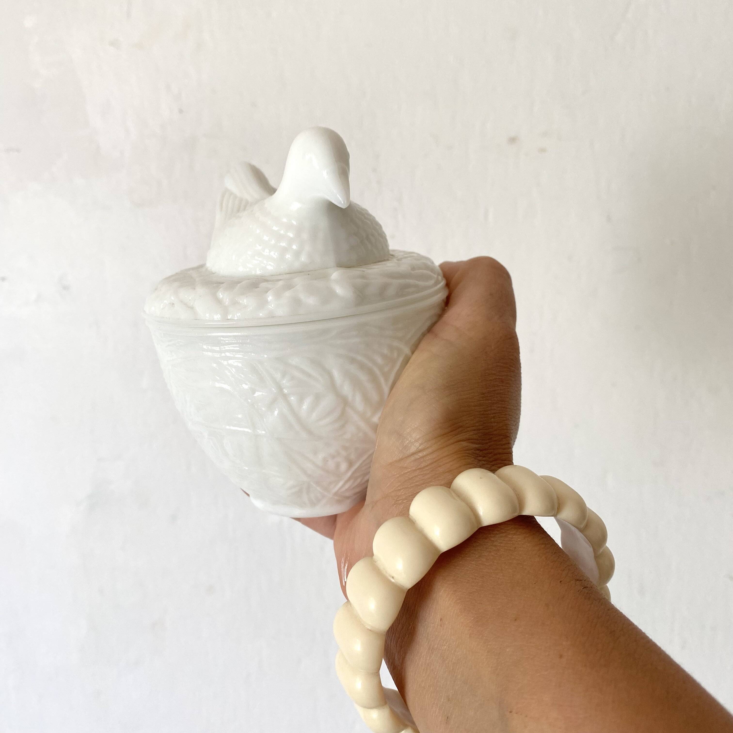 White opaline bird sugar bowl