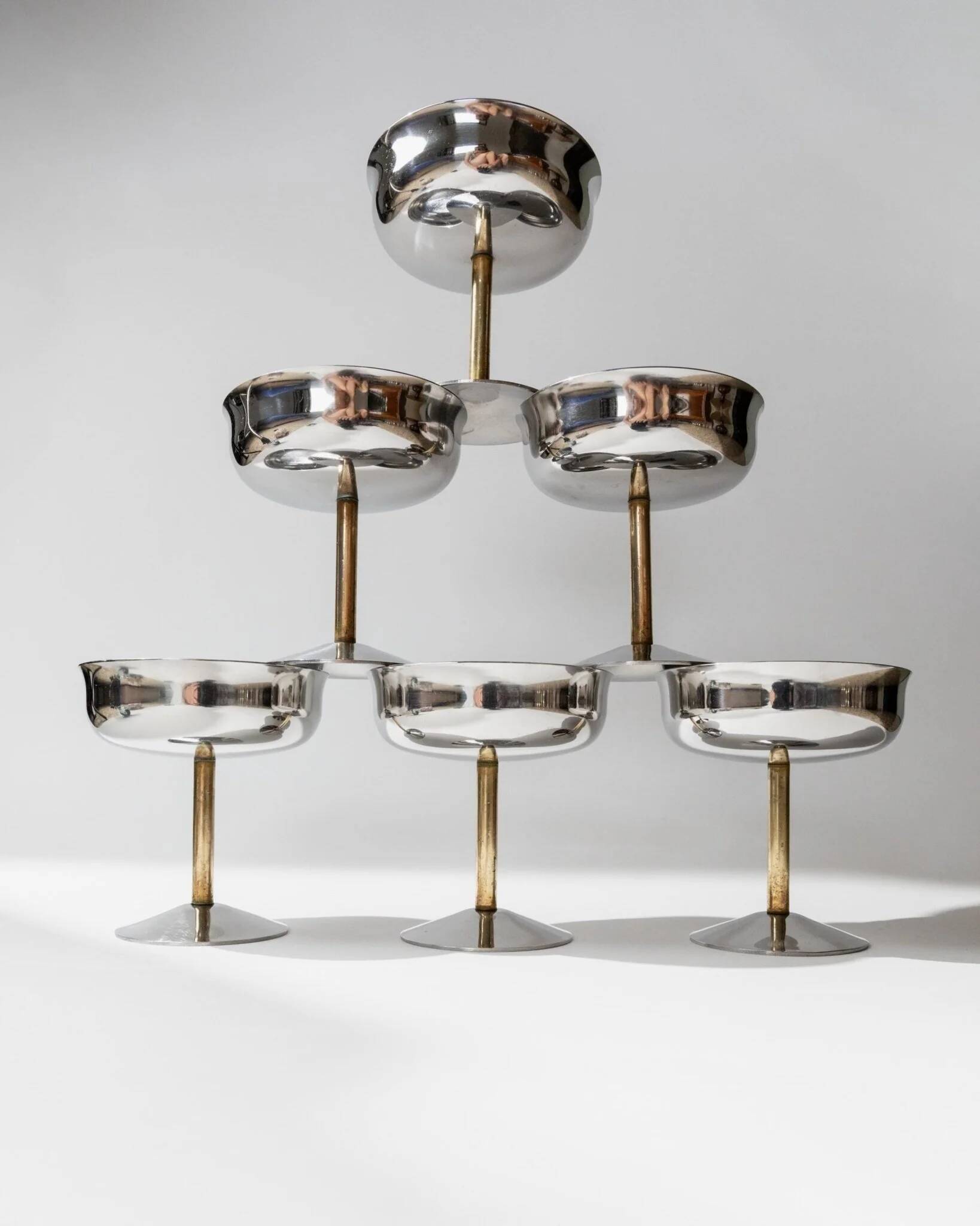 Set of 6 Vintage Champagne Bowls: Argent Stainless Steel with Golden Stem – Italian 1970s Retro Tableware