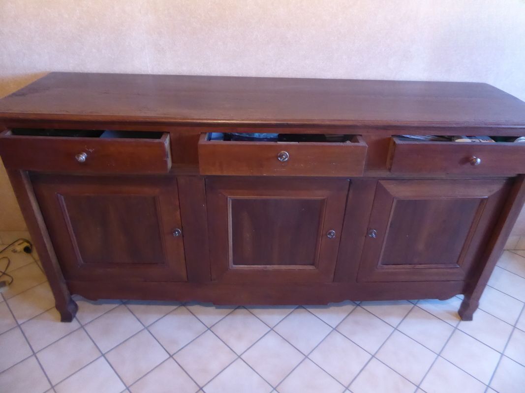 Old sideboard "Enfilade" in solid cherry wood with 3 doors and 3 drawers.