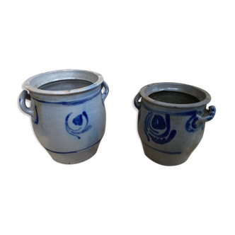 Pair Old Pot Sandstone Blue Alsace Decoration XIXth Vintage