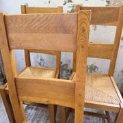 Set of 8 blond oak chairs with straw seats