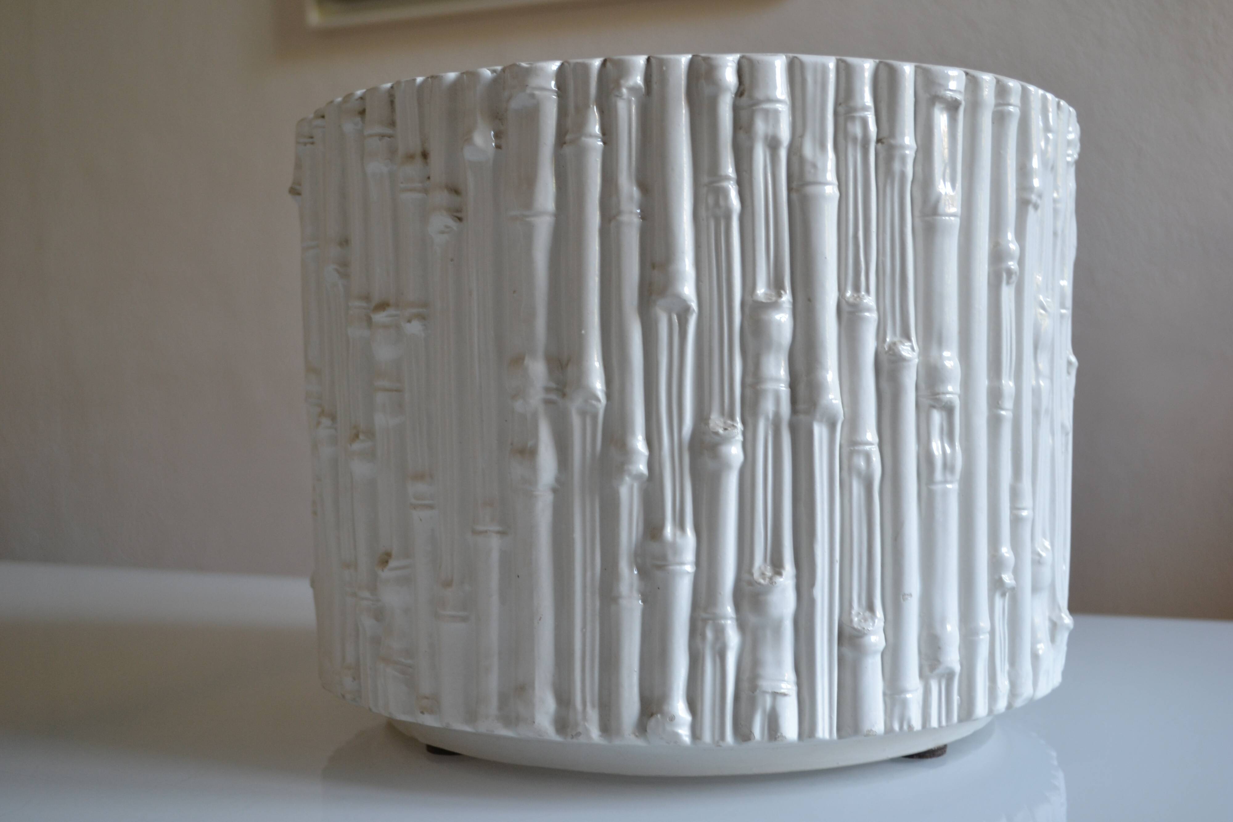 Ceramic cache pot in bamboo style, Italy 1980, Hollywood Regency.
