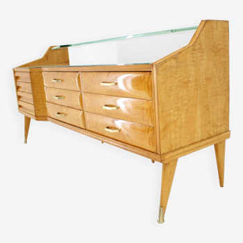 1960s italian sideboard/chest of drawers in high gloss finish with glass top and shelf