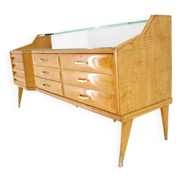 Buffet/commode italienne des années 1960 en finition brillante avec plateau et étagère en verre