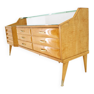 1960s italian sideboard/chest of drawers in high gloss finish with glass top and shelf