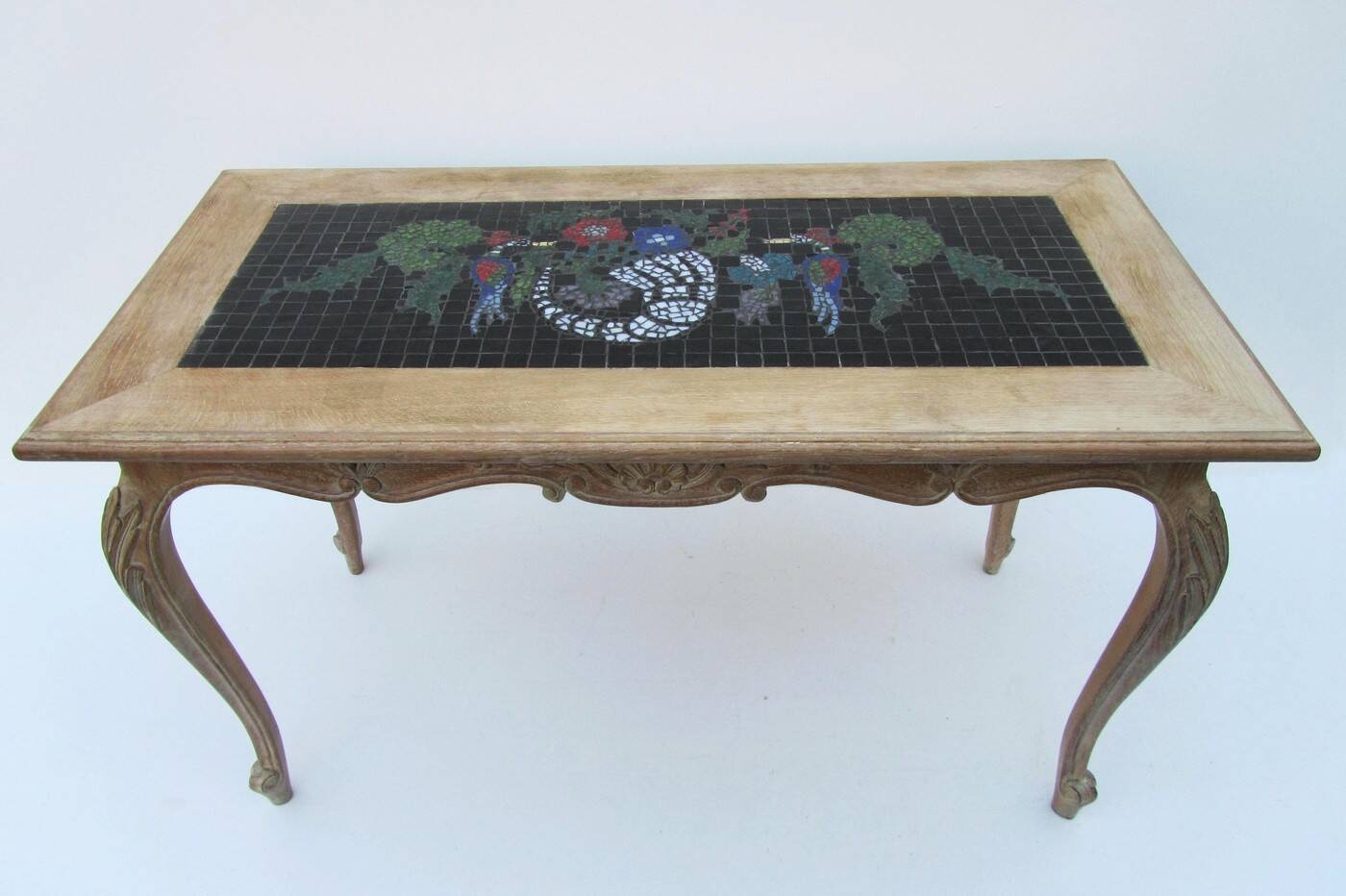 Vintage Oak &  Mosaic Coffee Table with Brids, Louis XV style 1970s