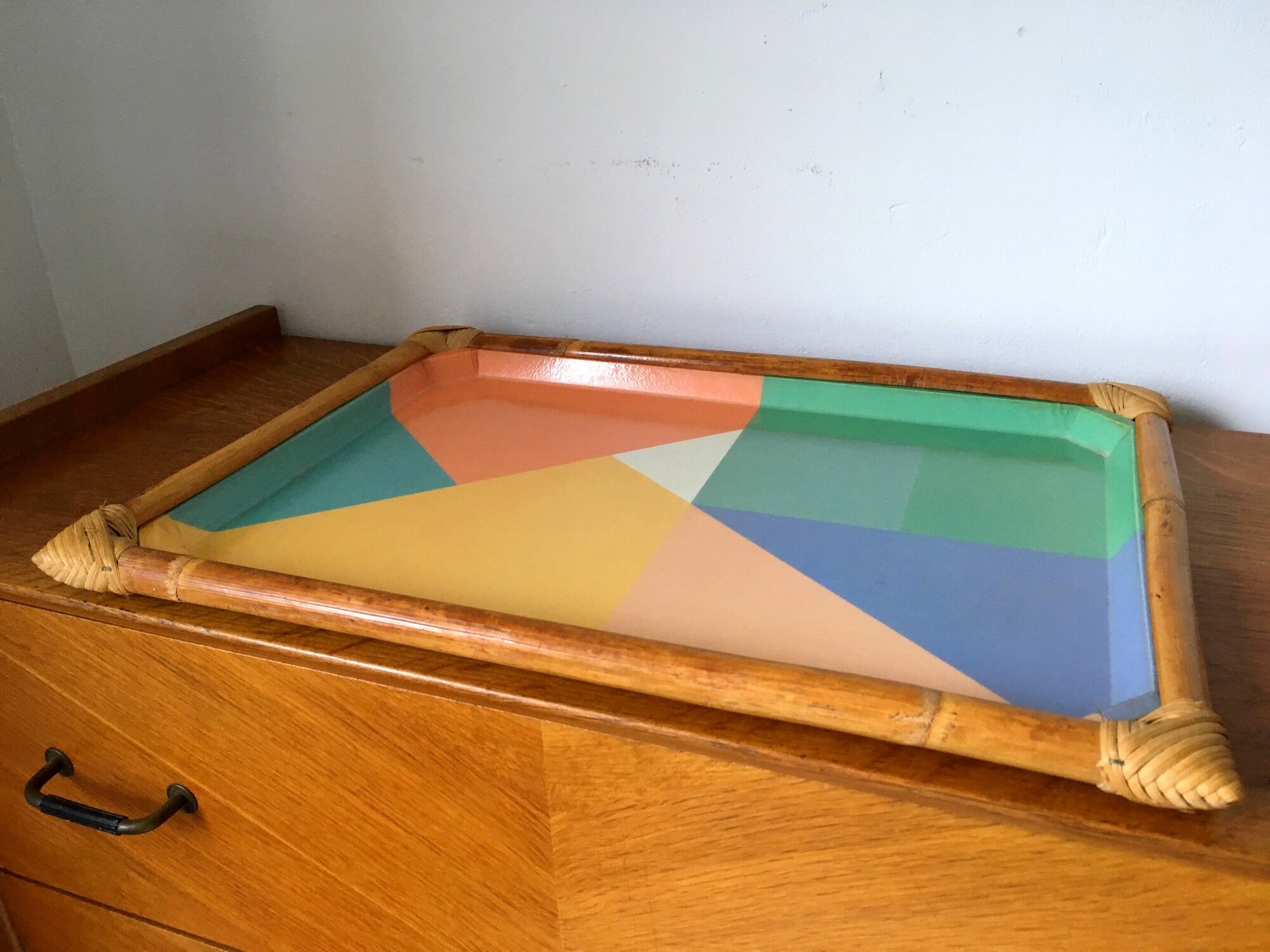 Genevieve Lethu vintage fiberglass and rattan platter