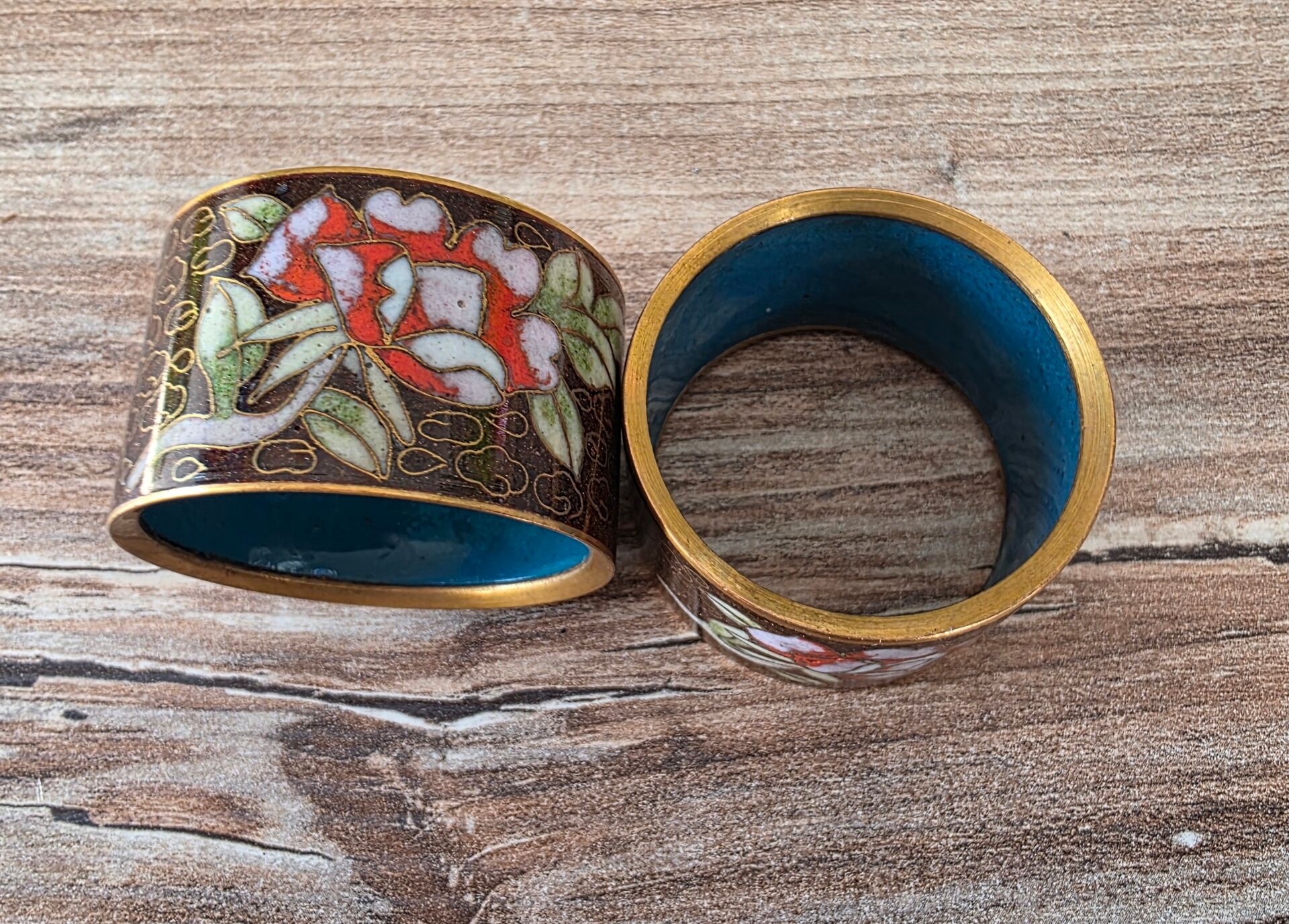 Duo de ronds de serviette vintage en émail cloisonné chinois