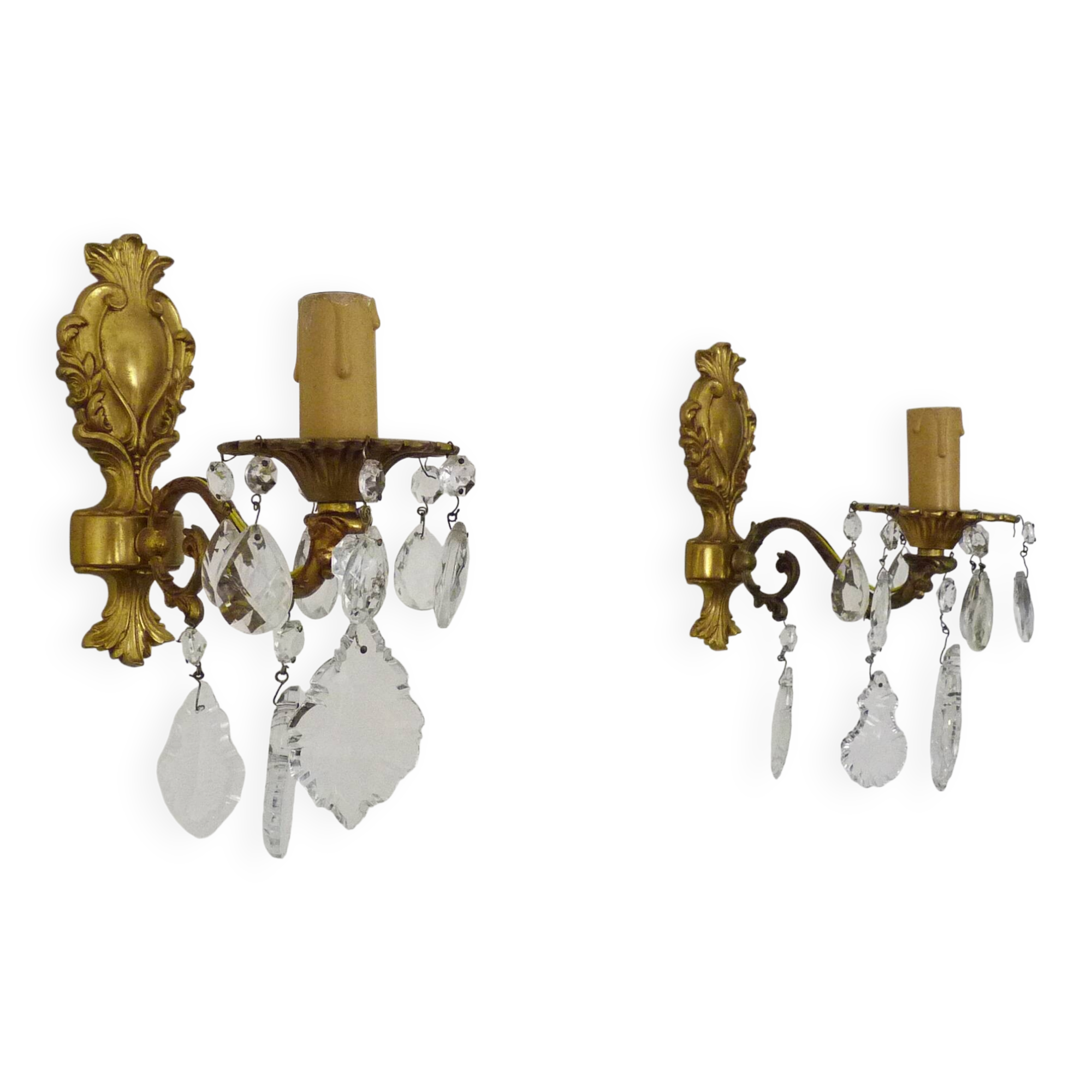 Pair of wall sconces in bronze and glass pendants from the 1970s.