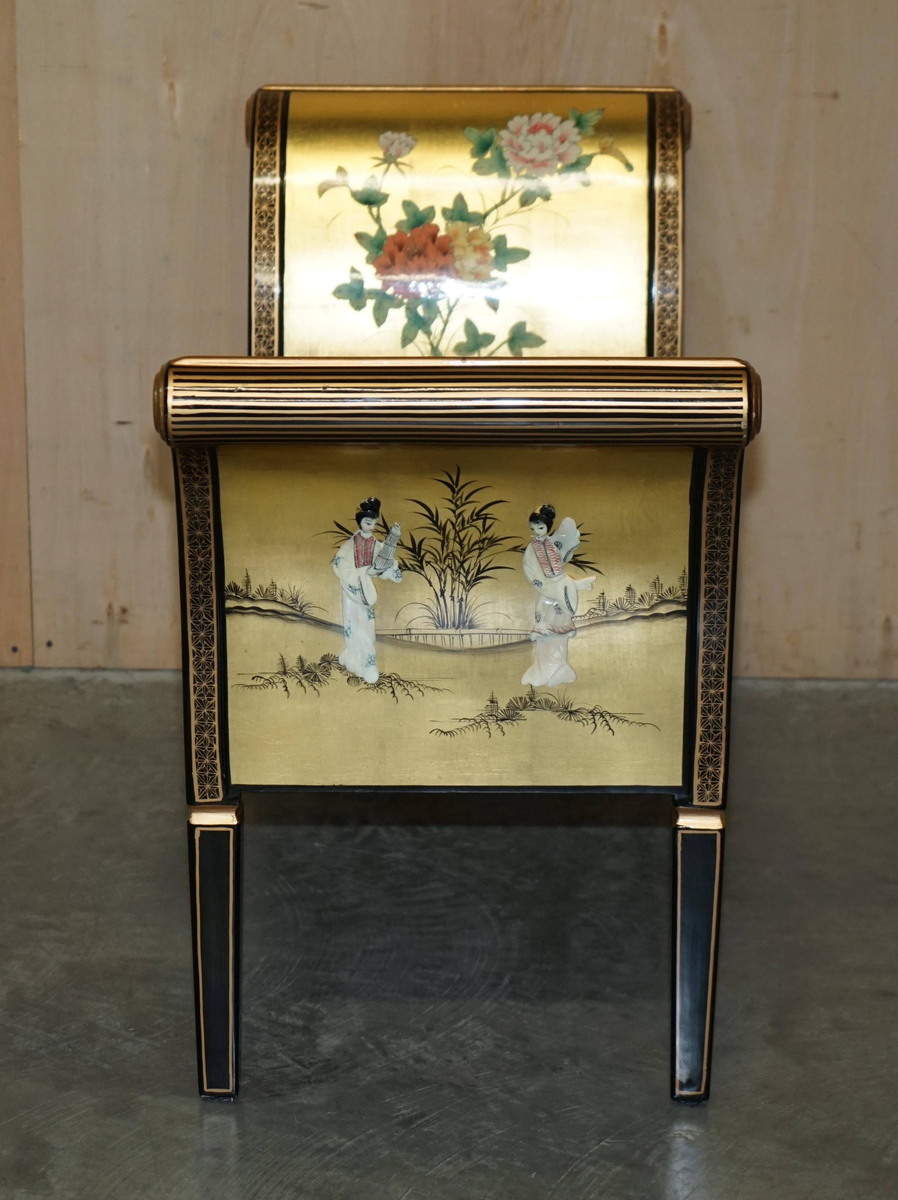 Ancient Chinese bench carved with Geisha in mother-of-pearl and steatite.