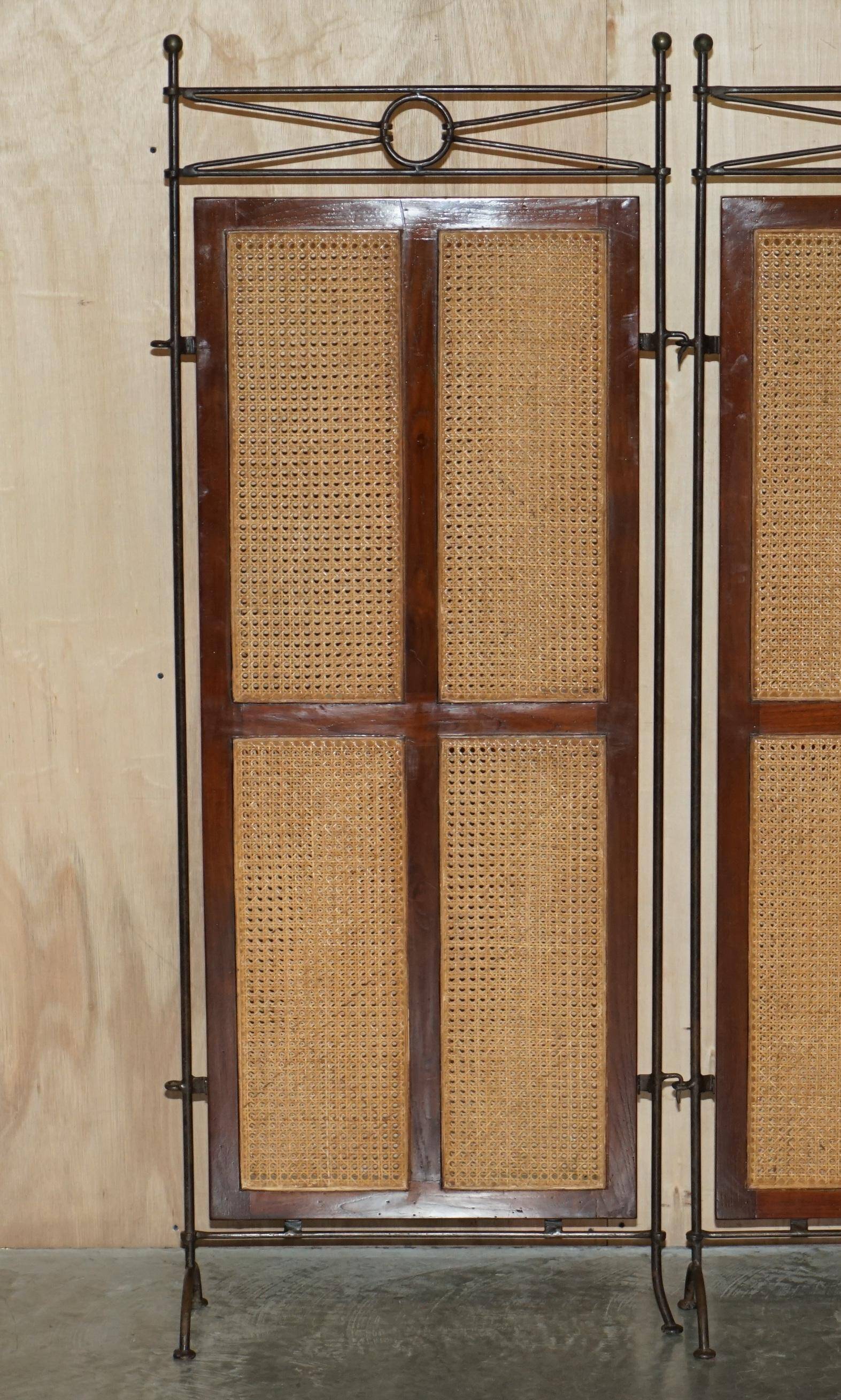 Vintage 3-panel wrought iron screen, bergère and hardwood.