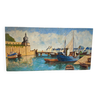 Sailboat harbor painting