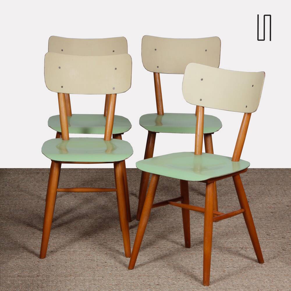 Suite de 4 chaises vintage en bois, éditées par Ton, 1960