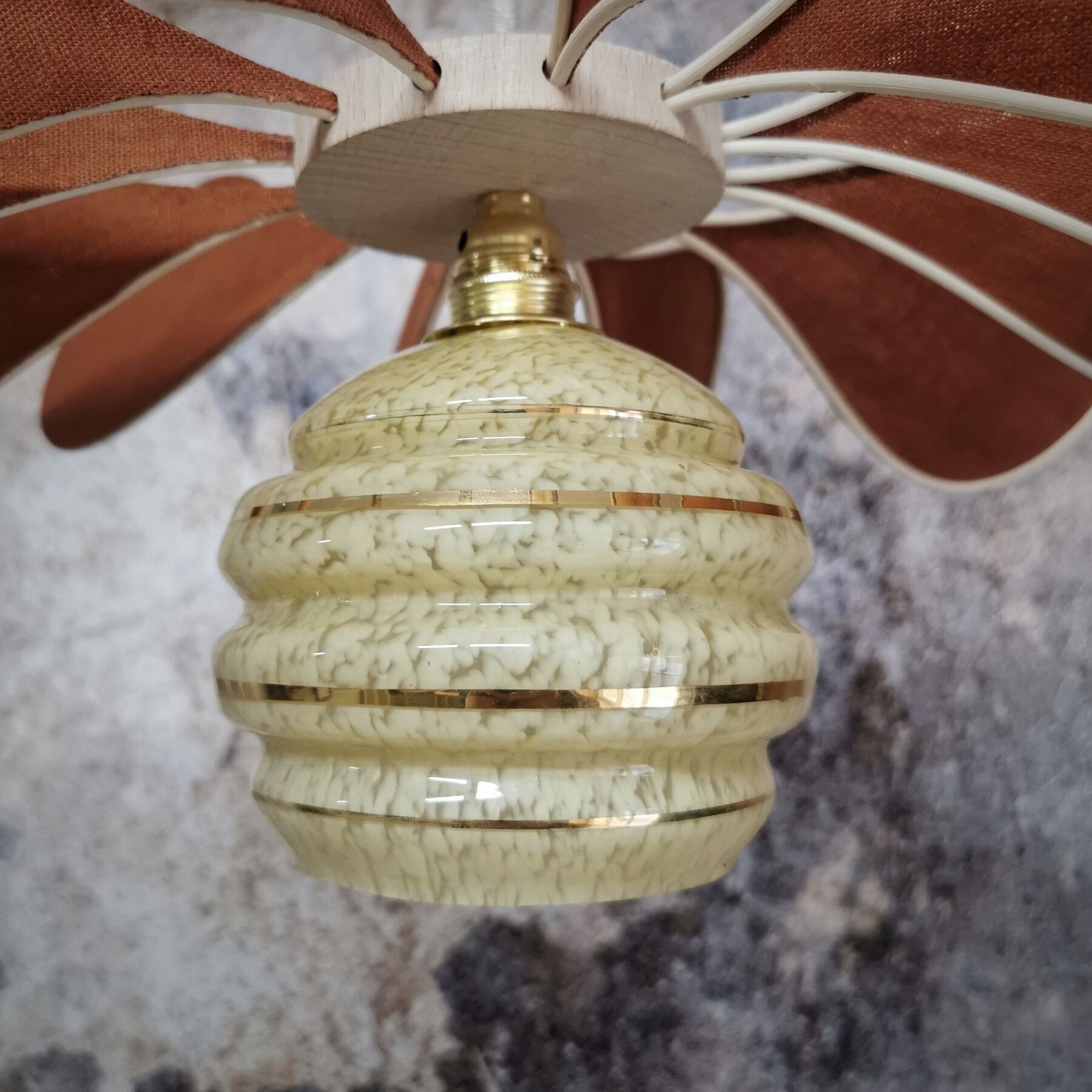 Pendant light flower 12 blades linen, rattan and globe in glass of Clichy