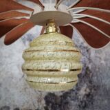 Pendant light flower 12 blades linen, rattan and globe in glass of Clichy