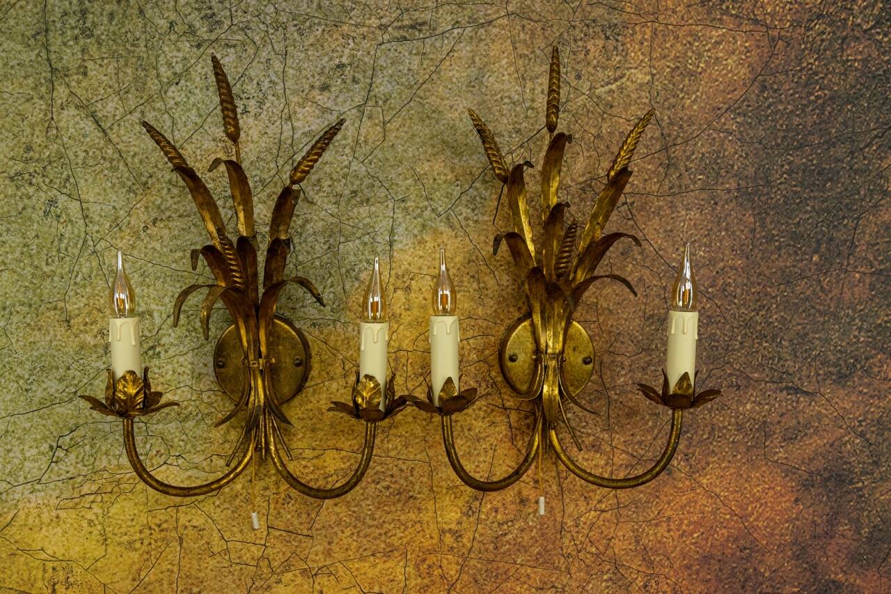 Pair of Hollywood Regency Style Gilt Metal Double-Arm Wheat Sconces, 1970s