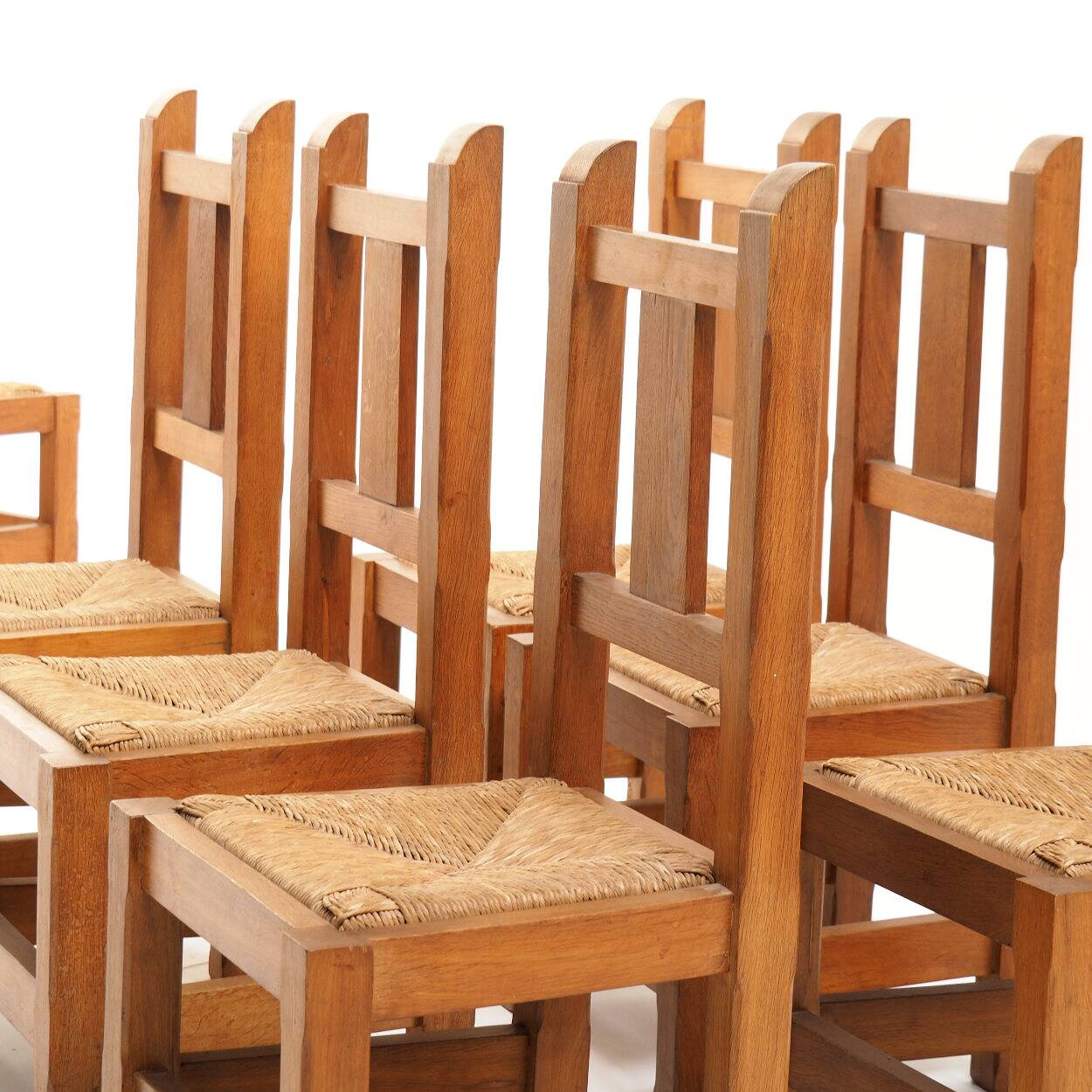 Set of Eight Handmade Solid Oak Chairs, 1970s