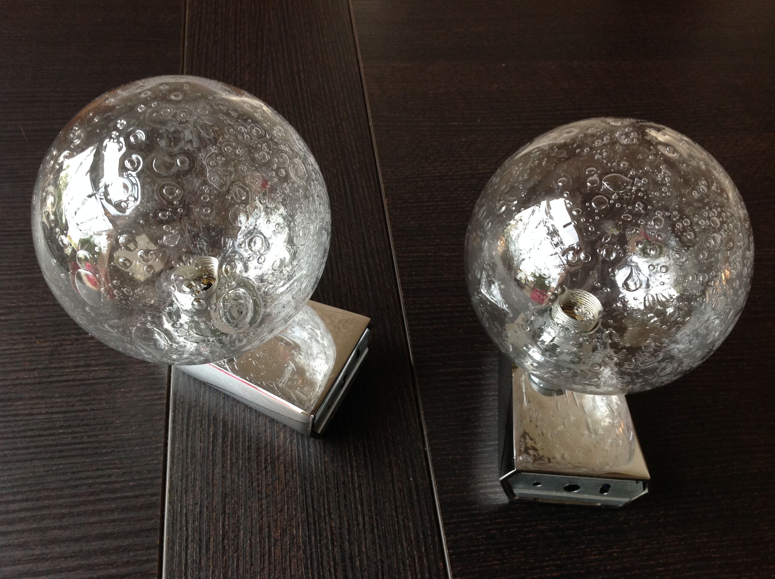Pair of chrome sconces and crystal globe bubbled by Keuco / vintage 70s
