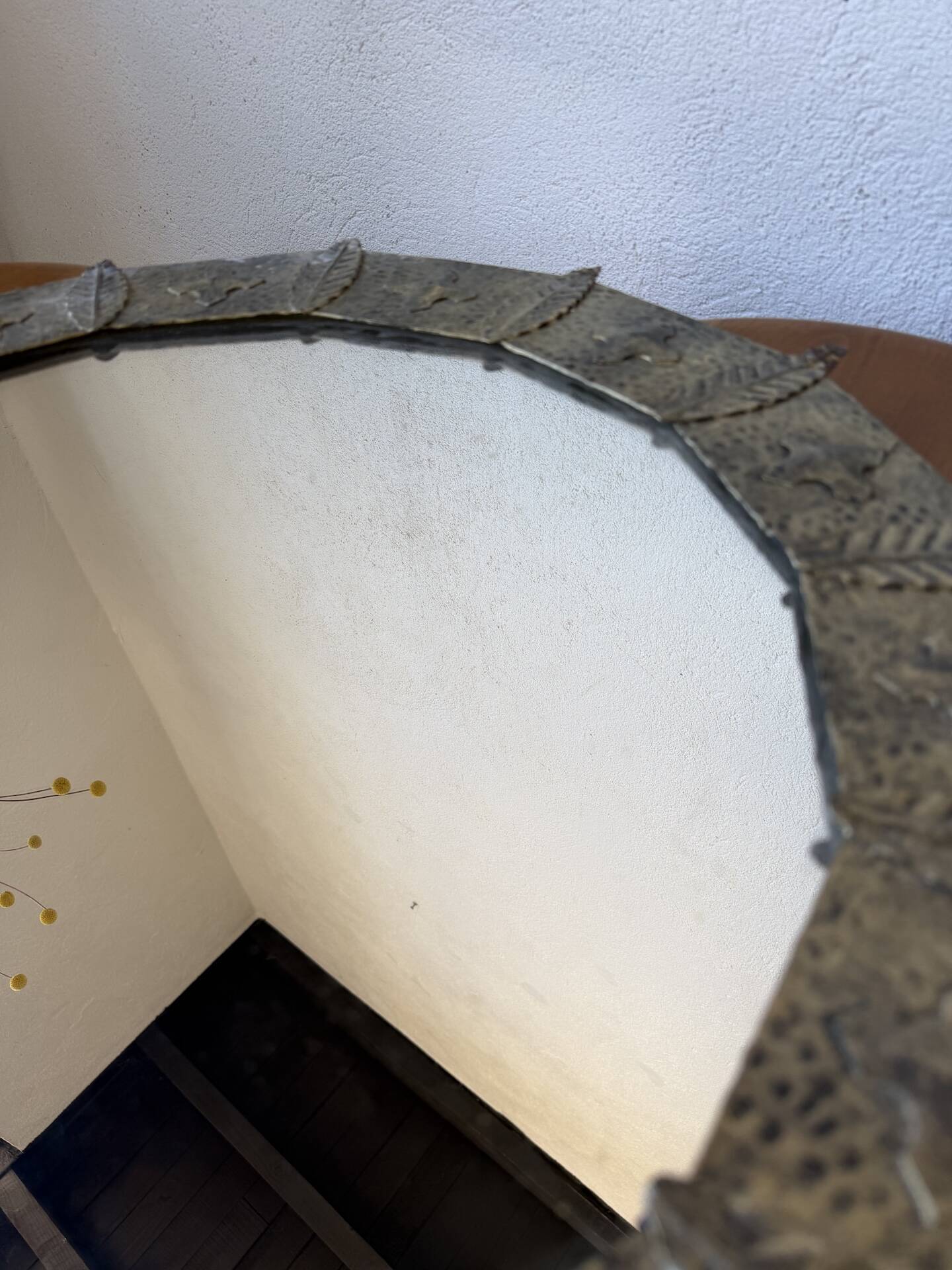 Brutalist round hammered gold metal mirror
