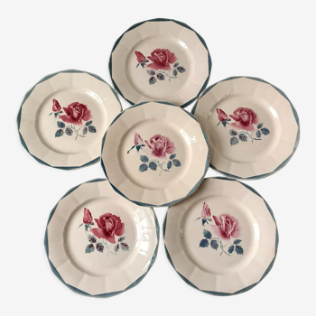 Lot de 6 assiettes plates Digoin Sarreguemines fleurs roses et bleues années 40