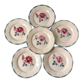 Lot de 6 assiettes plates Digoin Sarreguemines fleurs roses et bleues années 40