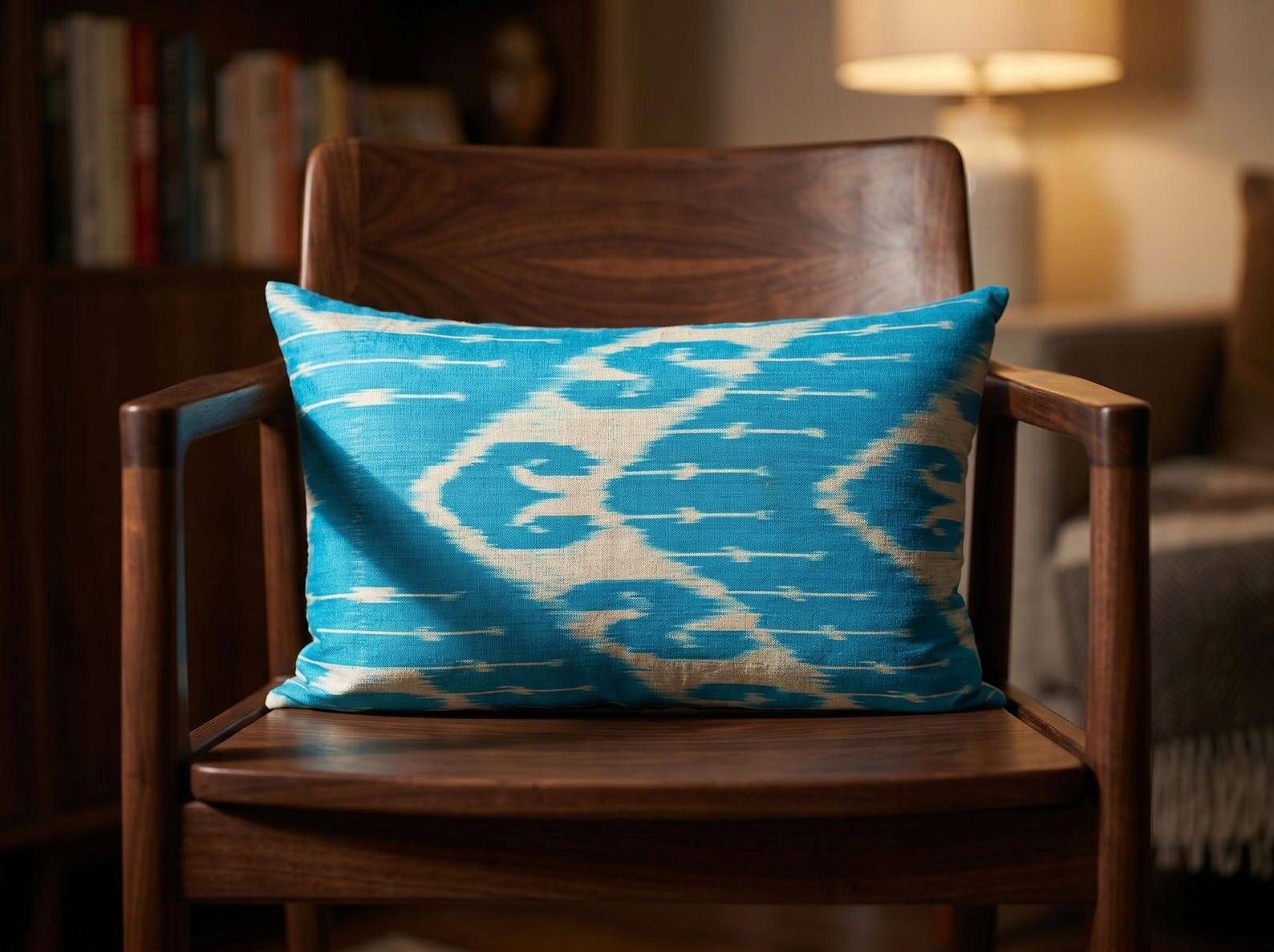 Handmade Silk Ikat Lumbar Cushion Cover, Sky Blue Oval Print Pillow Case