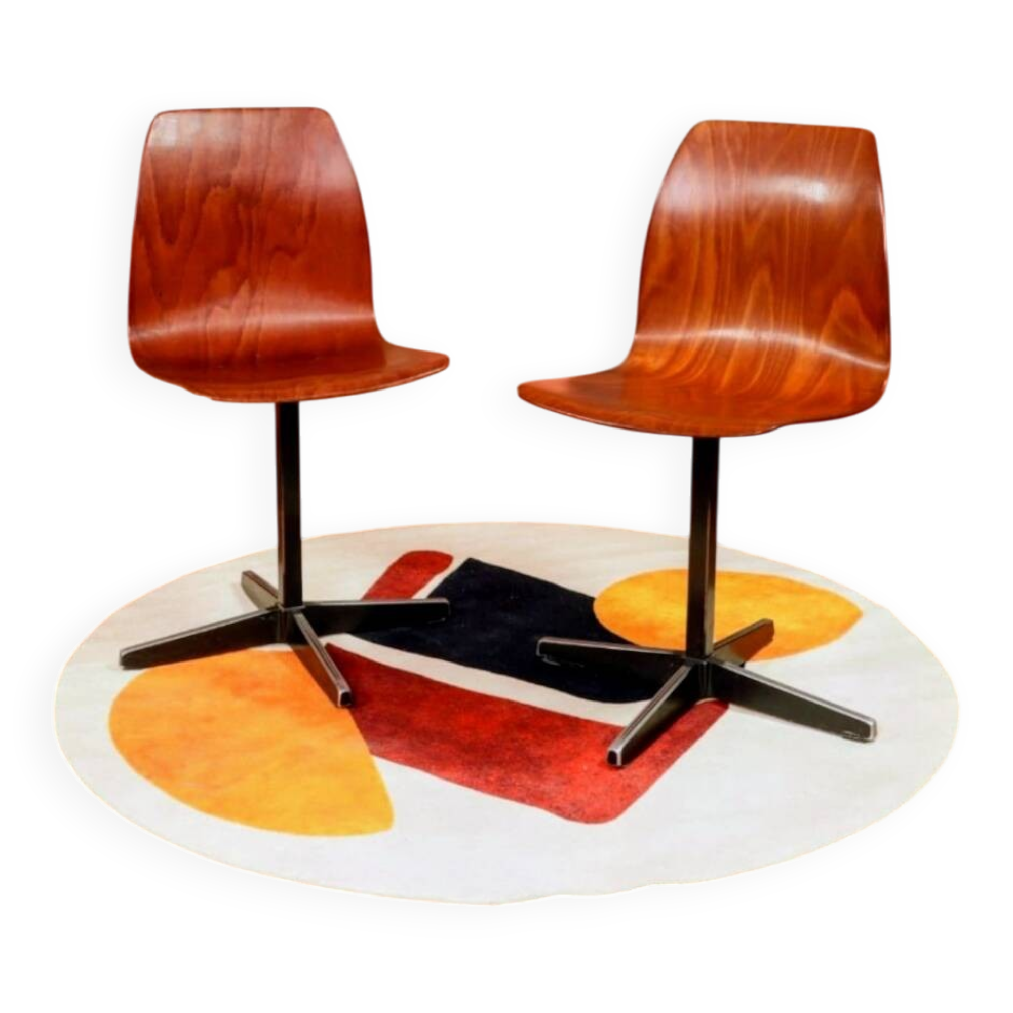 Pair of children's chairs made of plywood, vintage style, metal legs