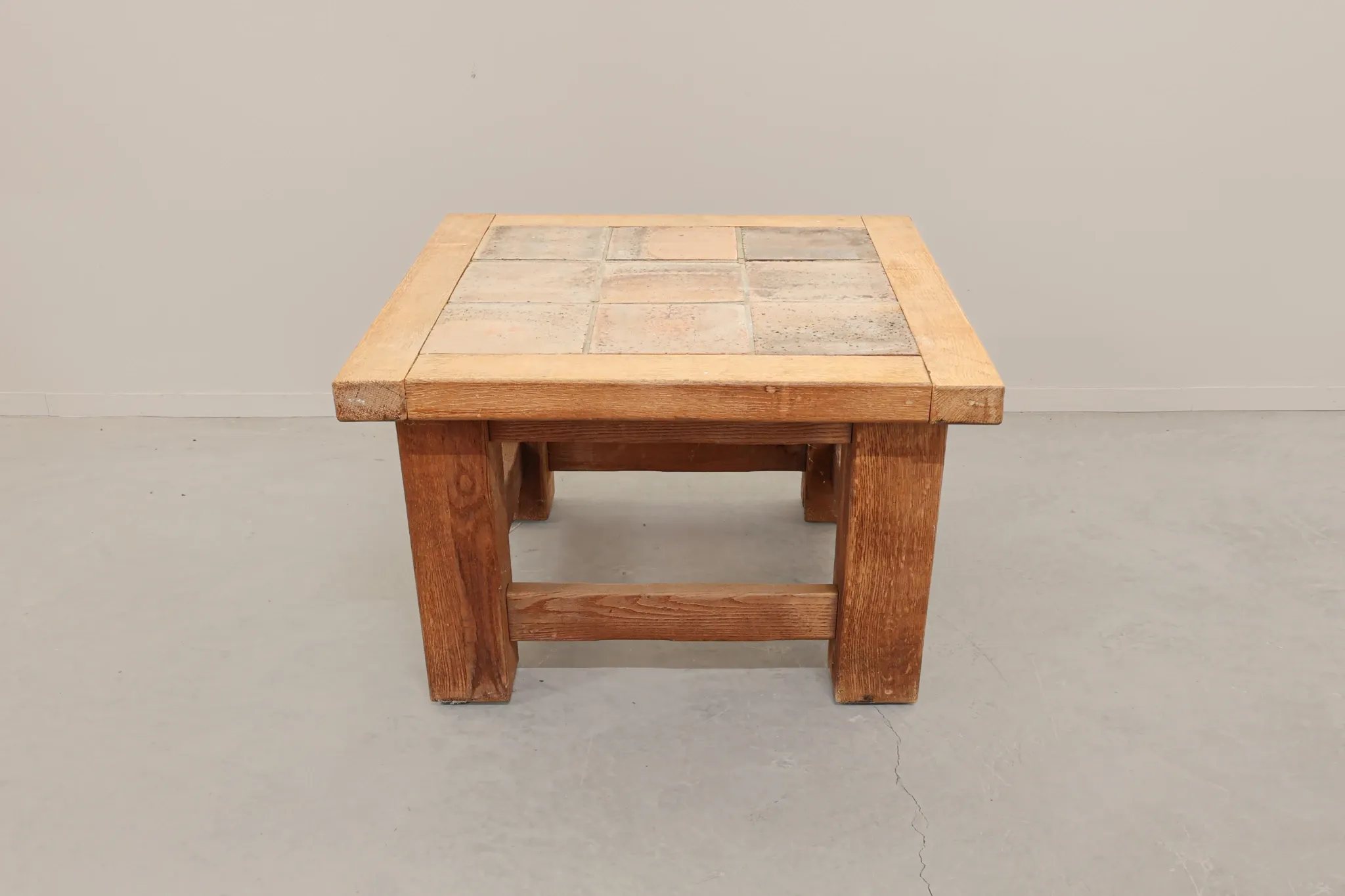 Brutalist Oak Coffee Table with Red Terracotta Tiles, 1950s