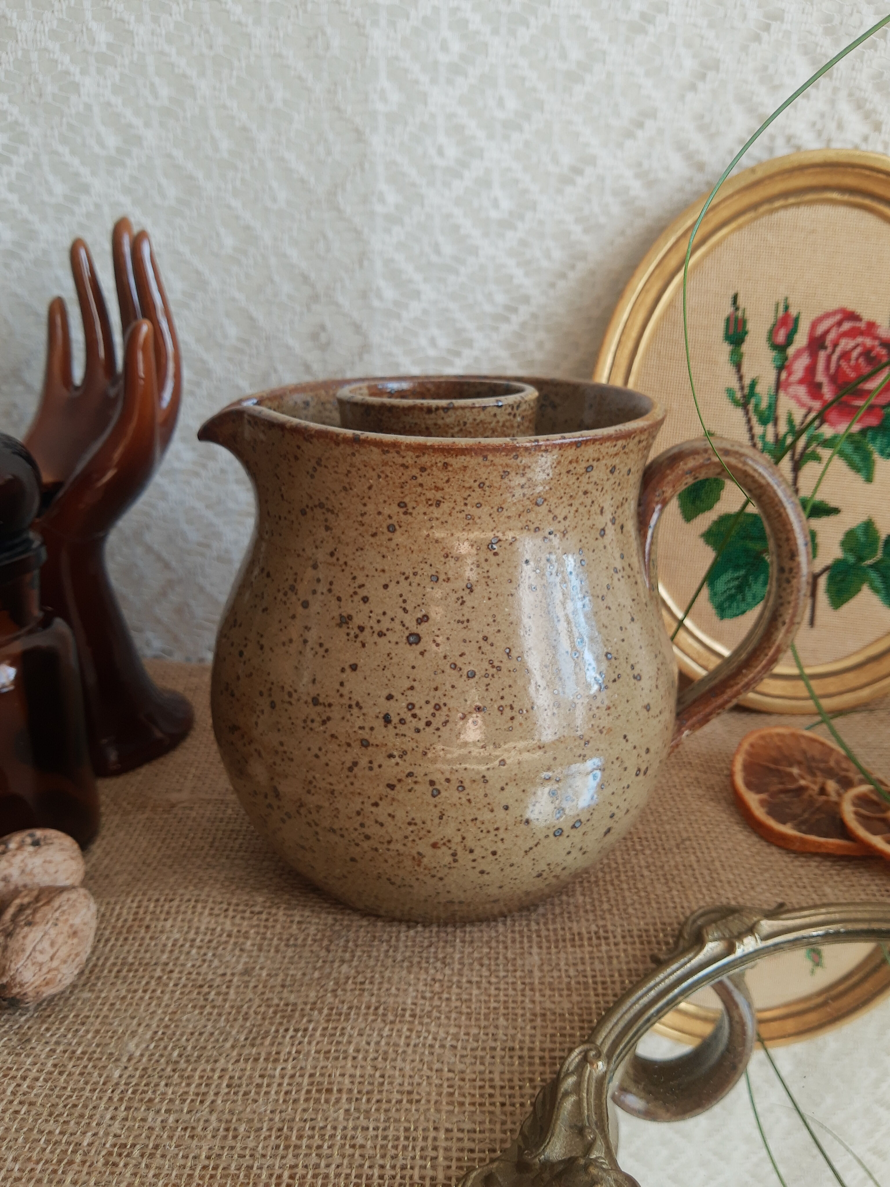 Enamelled stoneware decanter / pitcher with ice cube reserve - vintage