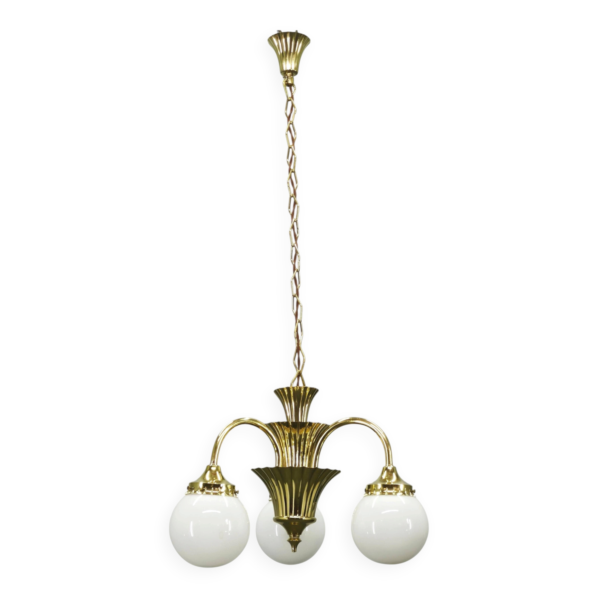 1930s Czechoslovak Art Deco Brass and Opaline Glass Chandelier