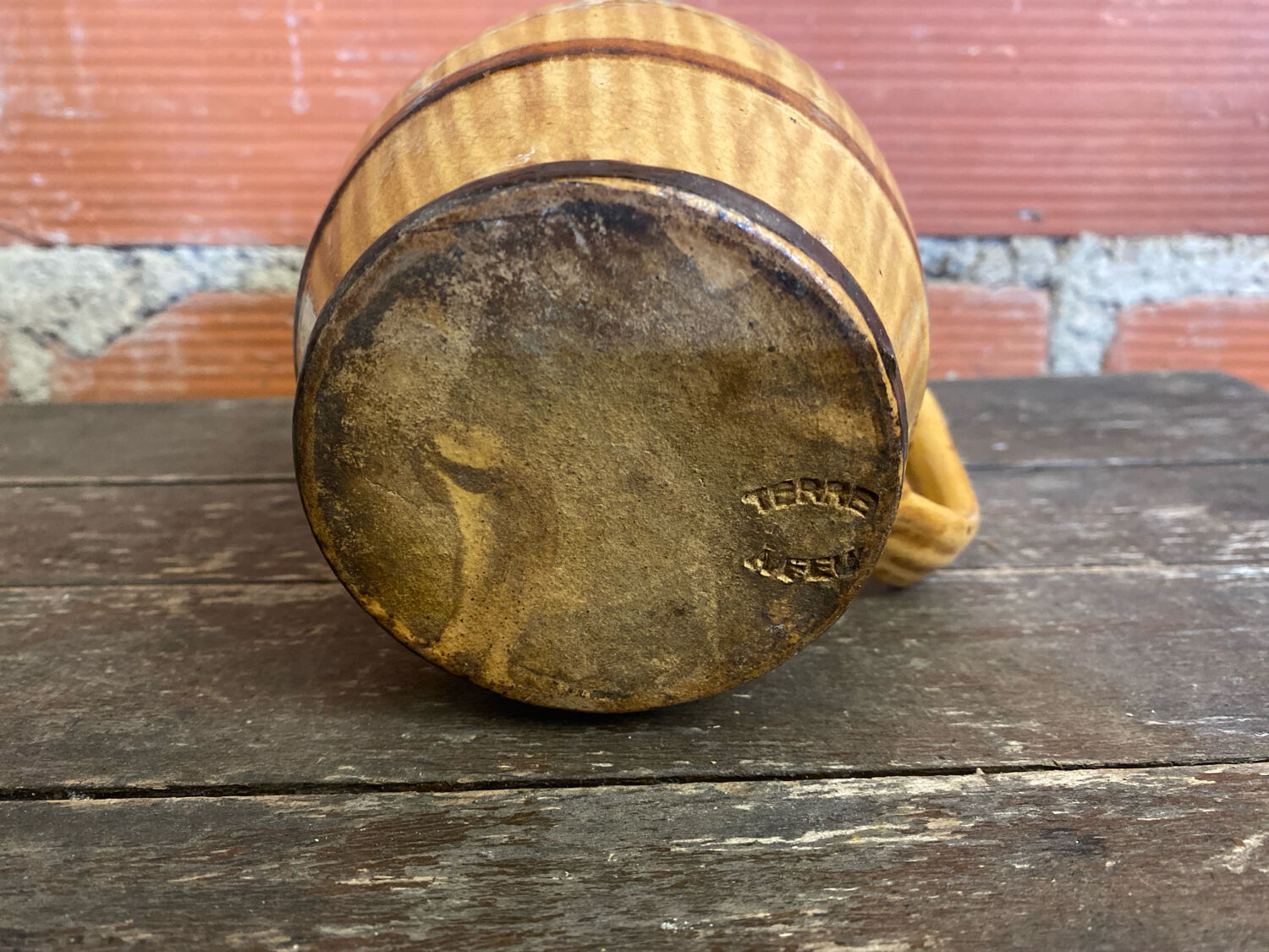Old pichet terre de feu beige stoneware barrel shape