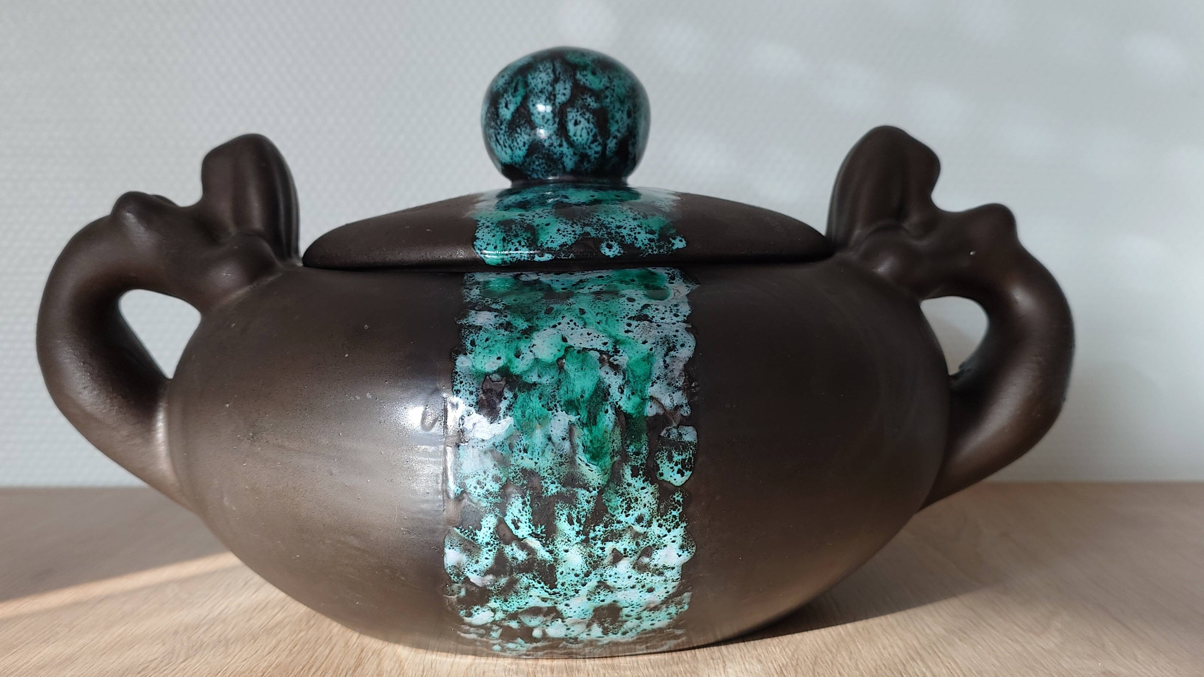 Vintage modernist soup tureen from the 60s-70s, matte brown ceramic and green glaze.