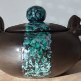 Vintage modernist soup tureen from the 60s-70s, matte brown ceramic and green glaze.